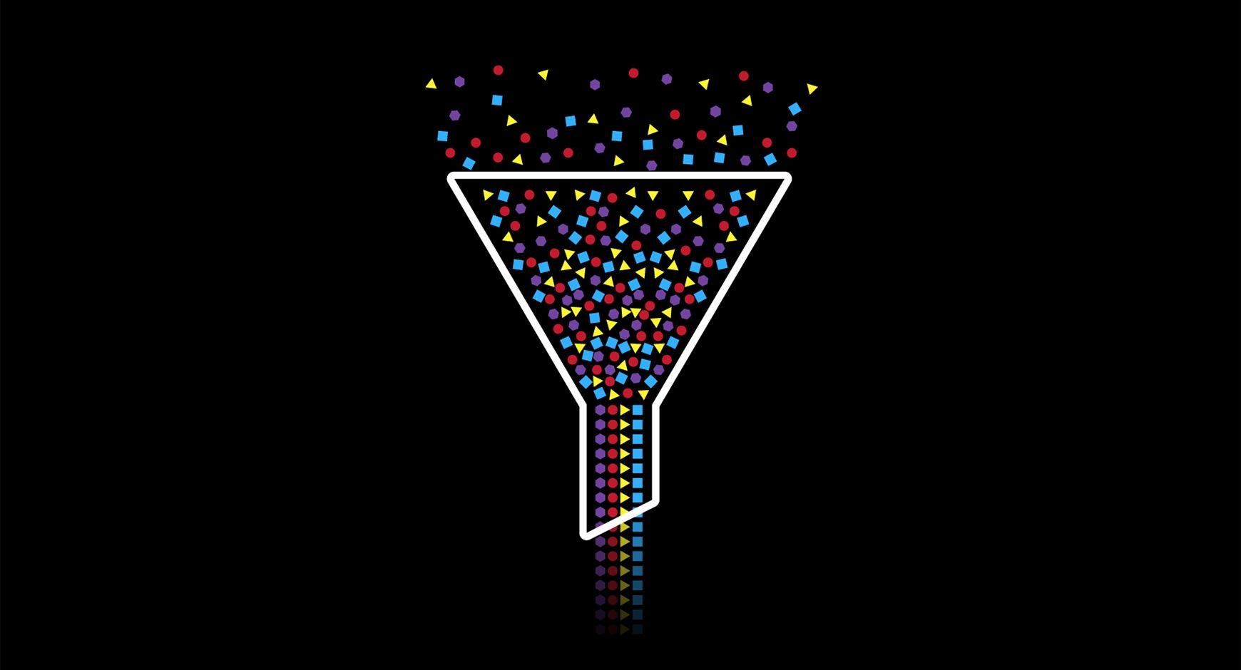 geometric data shapes being sorted as they pass through a funnel