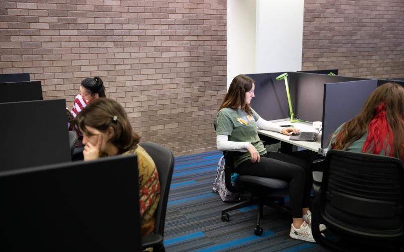 Students in individual cubbies studying and reading